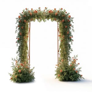 a beautifully decorated archway adorned with lush greenery and vibrant orange flowers, creating a visually striking and elegant entrance.