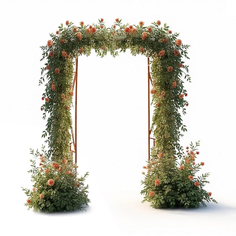 a beautifully decorated archway adorned with lush greenery and vibrant orange flowers, creating a visually striking and elegant entrance.