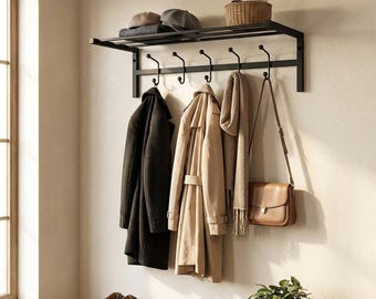 Industrial Wall Coat Rack: Metal Shelf with 5 Hooks, Black