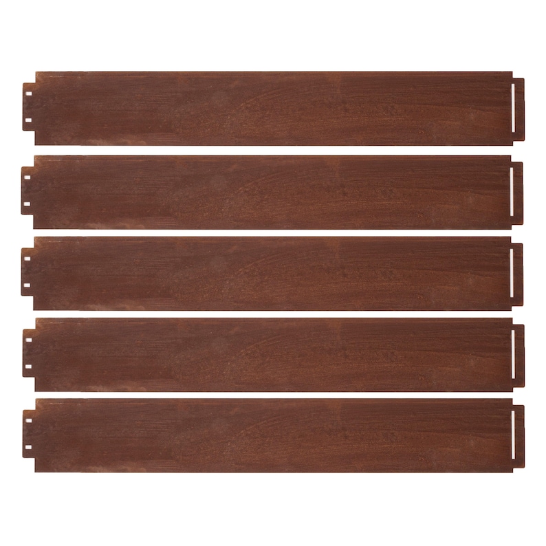 a set of five identical wooden planks arranged in a row.