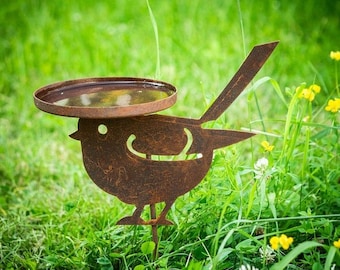 Garden Bird Bath: Rustic Corten Steel - Outdoor Waterer Feeder