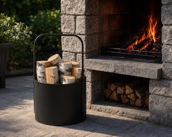 Firewood Basket: Stylish Black Metal Storage (Foldable Handle)