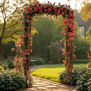 A beautifully decorated archway adorned with pink roses stands in a lush garden, surrounded by vibrant greenery and a serene path leading to a distant building.
