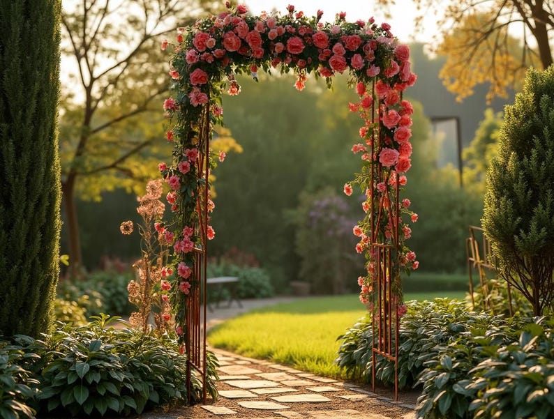A beautifully decorated archway adorned with pink roses stands in a lush garden, surrounded by vibrant greenery and a serene path leading to a distant building.