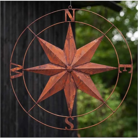 Wind Rusty Metal Compass,  Garden Decoration, Patina wall decoration, Screwing on Rusty Garden décor, Outdoor Metal Art, Housewarming Gift