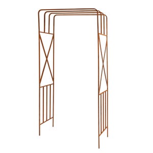 a metal structure with a curved arch and vertical bars, standing alone against a white background.