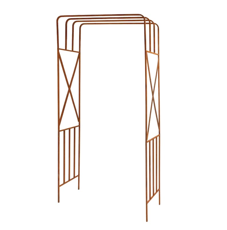 a metal structure with a curved arch and vertical bars, standing alone against a white background.