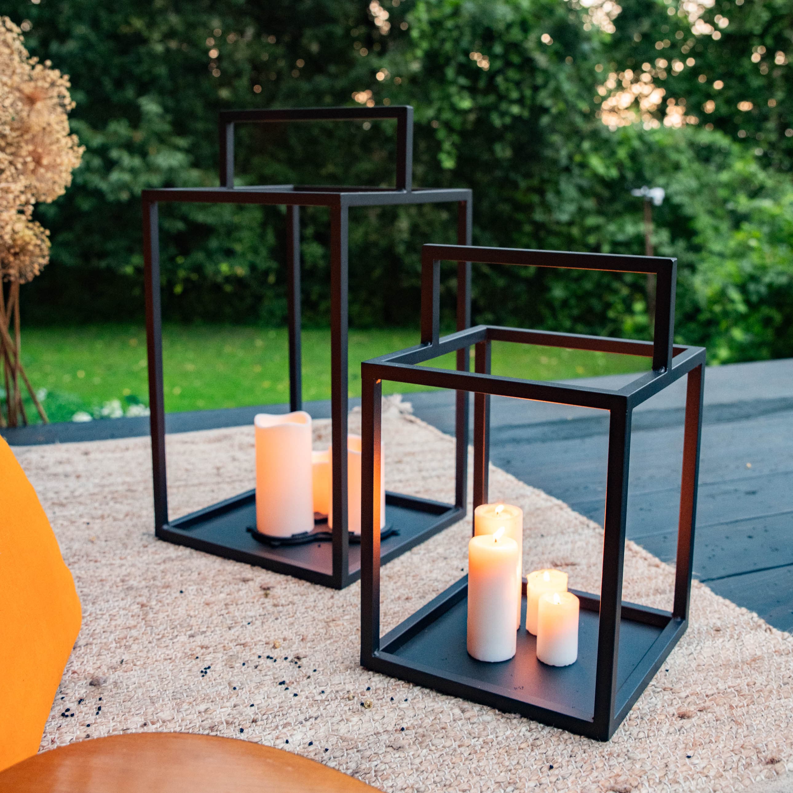Set of 2 Modern Summer Lantern Candle Holder, Black Square Cage,  Decorative Cage for Garden or Home, Cottage Garden Décor, Hurricane Lamp