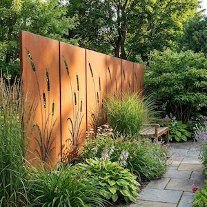 a well-maintained garden with a wooden bench, lush greenery, and a rustic metal fence with vertical panels.