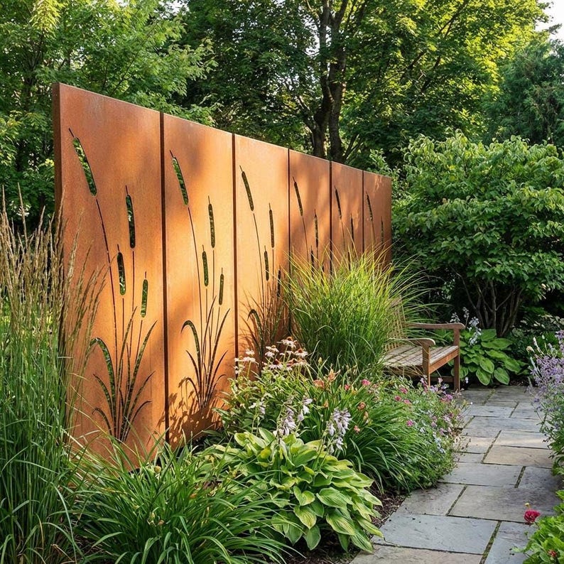 a well-maintained garden with a wooden bench, lush greenery, and a rustic metal fence with vertical panels.