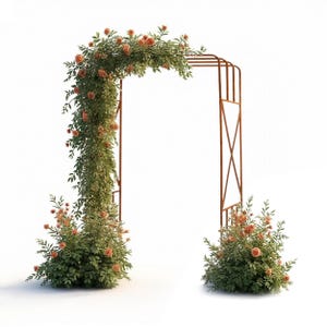 a beautiful floral archway with a lush green plant growing on it, creating a vibrant and natural atmosphere.