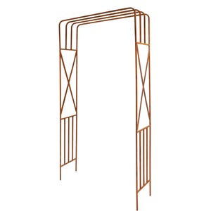 a metal structure with a curved arch and vertical bars, standing alone against a white background.