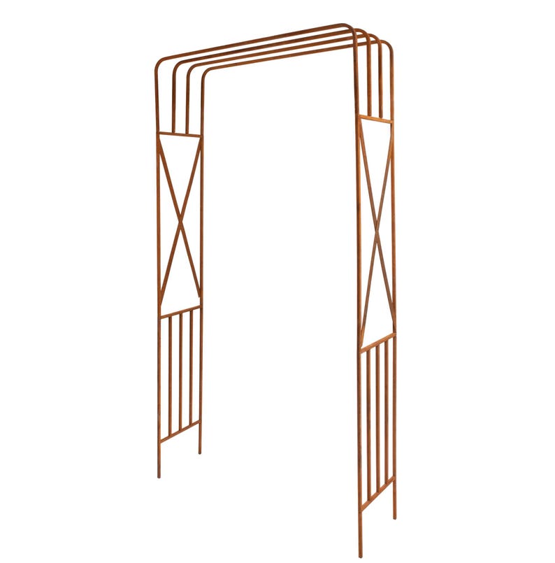 a metal structure with a curved arch and vertical bars, standing alone against a white background.