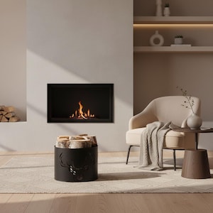 Op de afbeelding: Een moderne woonkamer met een open haard en vlammen, een zwarte metalen houthouder met een hertenkopontwerp en een beige fauteuil. De kamer heeft een neutraal kleurenpalet, een vloerkleed en een houten bijzettafel.