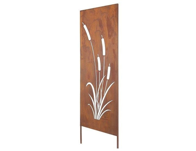 a rust-colored metal panel with a white design depicting reeds or grass-like elements.