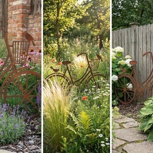 The image is a collage of three photos featuring a garden scene with a bicycle-shaped metal sculpture. The first photo shows the bicycle sculpture in a garden with flowers and plants. The second photo shows the bicycle sculpture in a garden with more flowers and plants. The third photo shows the bicycle sculpture in a garden with more flowers and plants.
