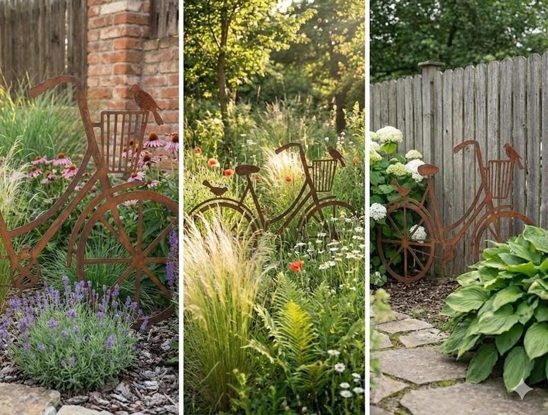The image is a collage of three photos featuring a garden scene with a bicycle-shaped metal sculpture. The first photo shows the bicycle sculpture in a garden with flowers and plants. The second photo shows the bicycle sculpture in a garden with more flowers and plants. The third photo shows the bicycle sculpture in a garden with more flowers and plants.