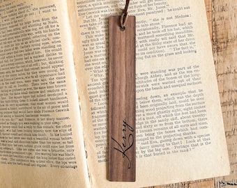 Personalized Solid Walnut Wood Bookmark With Leather Detail