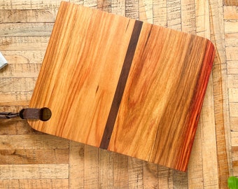 Canarywood and Walnut Wood Charcuterie Board. Handmade Wood Cheese Board, or Bread Board for Serving with leather handle