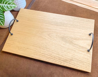 Industrial Wood Tray with Matte Black Steel Handles. Wooden Square Serving Tray.