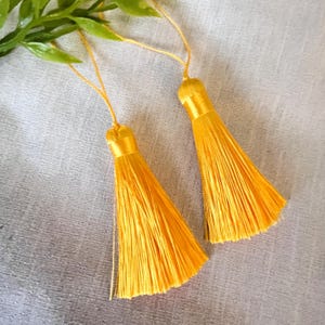 May include: Two yellow tassel trims with a long, thin string attached to each. The tassels are made of soft, fine threads and are approximately 5 cm long.