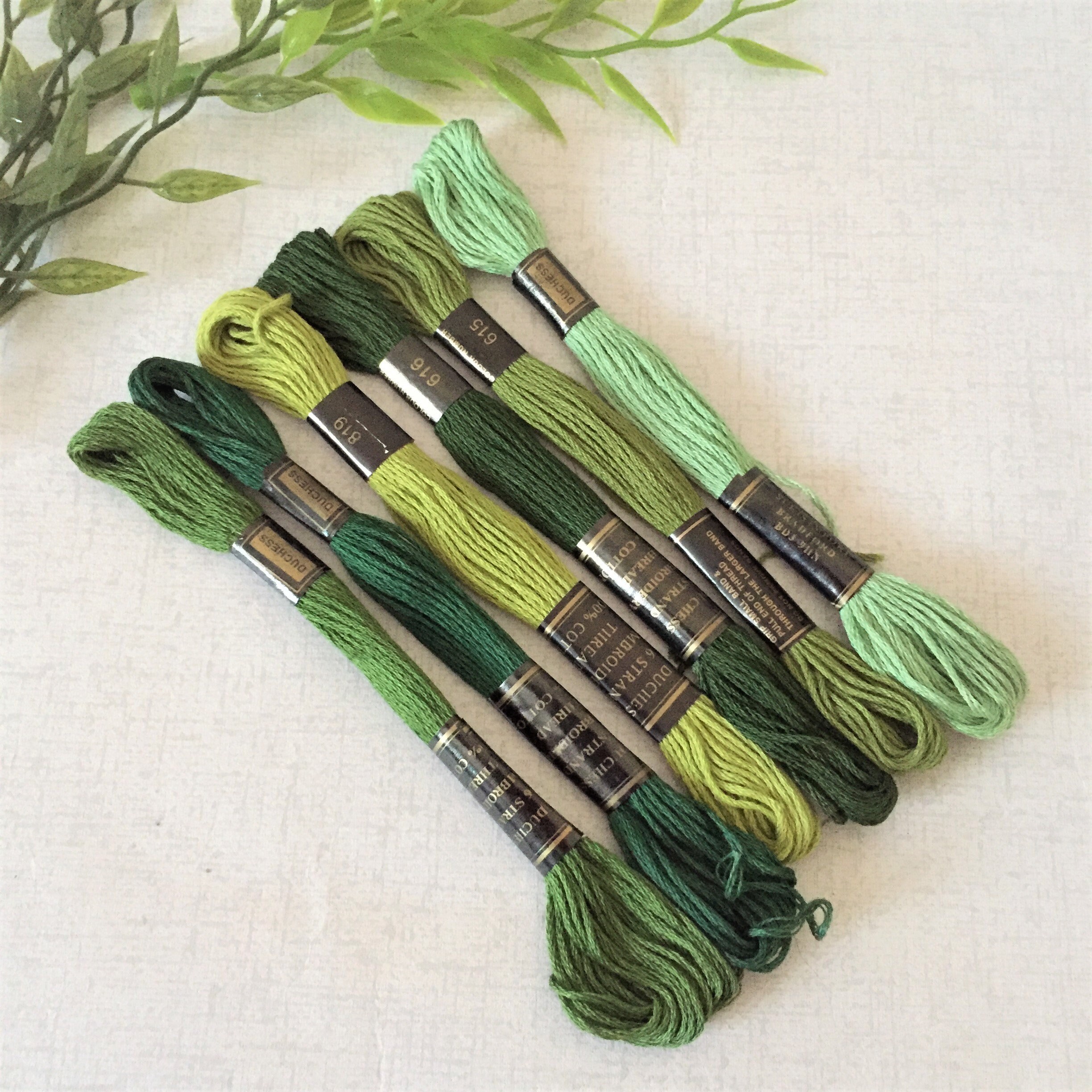 Pack of 6 embroidery threads in shades of green, coloured embroidery …