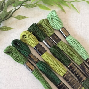 Pack of 6 embroidery threads in shades of green, coloured embroidery thread, cotton thread, embroidery cottons, EMTH-06-GR04