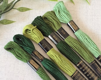 Pack of 6 embroidery threads in shades of green, coloured embroidery thread, cotton thread, embroidery cottons, EMTH-06-GR04