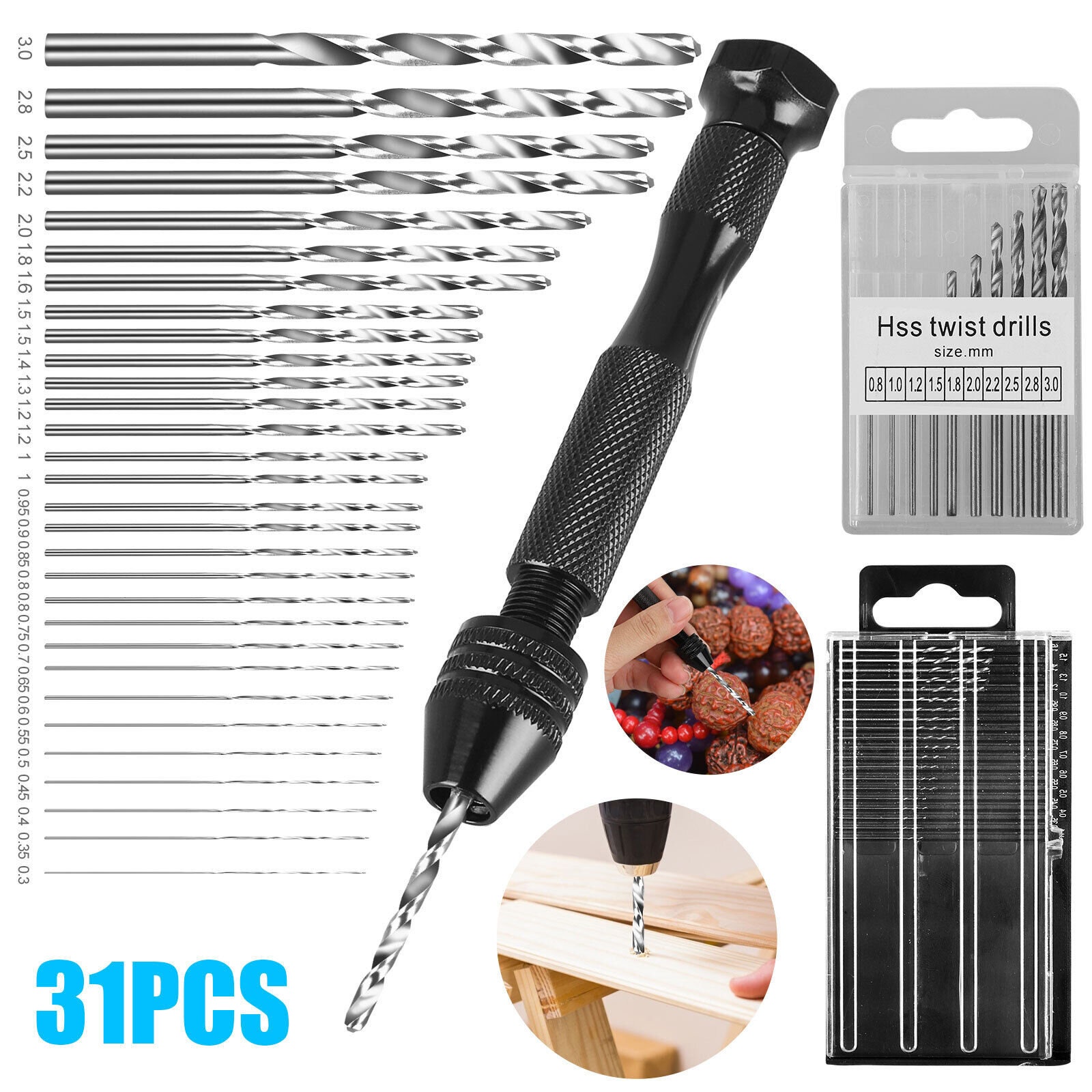 12 Piece HAND DRILL SET / Jewelry Tools / Resin Art / Crafts / Nail Art /  Chunk Handle and 0.8-3.0mm Bits With Bit Case / Manual Hole Drill 