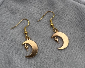 Handmade Gold Moon Dangle Drop Hook Earrings