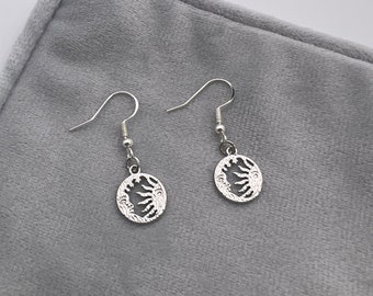 Handmade Silver Sun and Moon Dangle Drop Hook Earrings