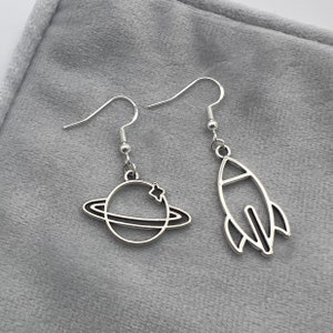 Handmade Silver Space Rocket and Planet Dangle Drop Hook Earrings