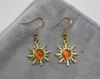 Handmade Gold Orange Sun Dangle Drop Hook Earrings