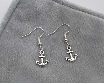 Handmade Silver Anchor Dangle Drop Hook Earrings