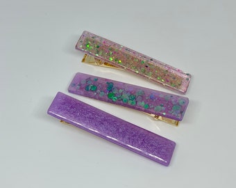 Purple Pearlescent Glitter Resin Hair Clips - Handmade - Cute Hair Accessories – Perfect Gift for Family/Bridesmaids/Best Friends - Set of 3