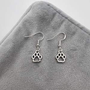 Handmade Silver Paw Print Dangle Drop Hook Earrings