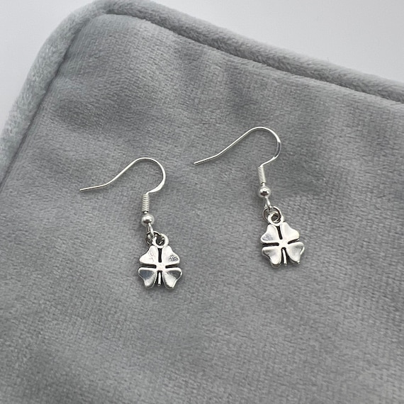 Handmade Silver Four Leaf Clover Shamrock Dangle Drop Hook Earrings