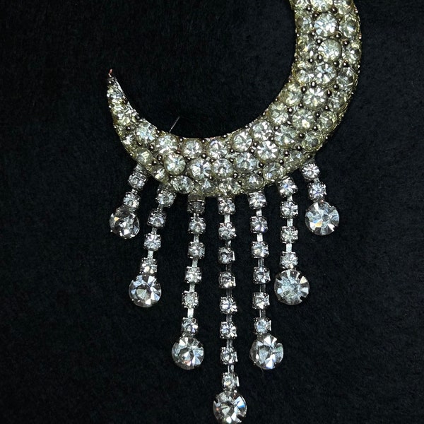 H Pomerantz of NY Crescent and Dangle Rhinestone Brooch-Art Deco-Moon