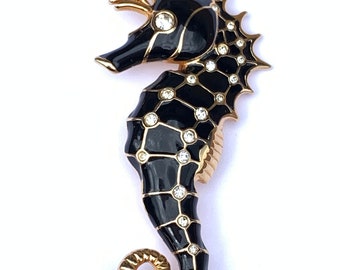 Swarovski Signed Crystal paved-22k Gold with Black enamel Seahorse Brooch-Pin