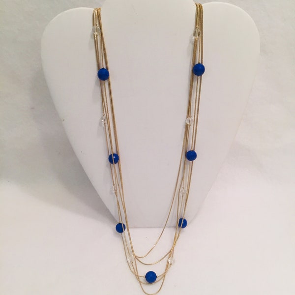 Vintage R. J. Graziano Long Multi strand Blue, clear and gold Necklace