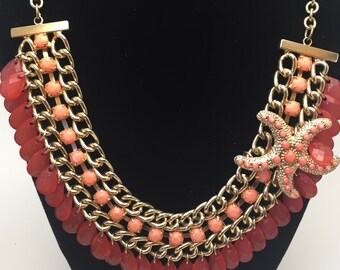 Fun Sea Life Goldtone Starfish with coral (pink) teardrop dangle beads Statement necklace-Bib