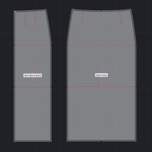 May include: A digital sewing pattern for a skirt, featuring two gray panels on a dark grid background. The left panel is labeled Skirt Block Back, and the right panel is labeled Skirt Front. Both pieces include thin red dart lines and horizontal guide lines.
