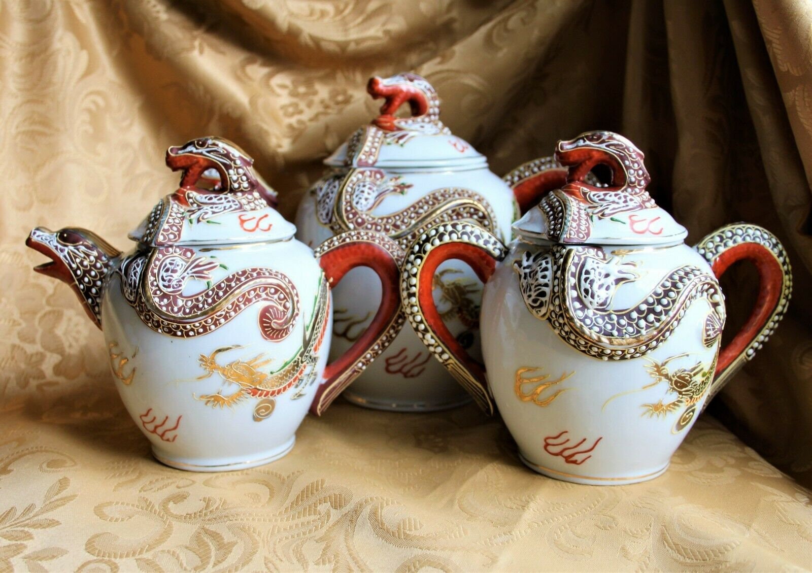 Complete Set Antique / Vintage Japan Fine China Kutani 21 Piece Dragonware Geisha Girl Porcelain