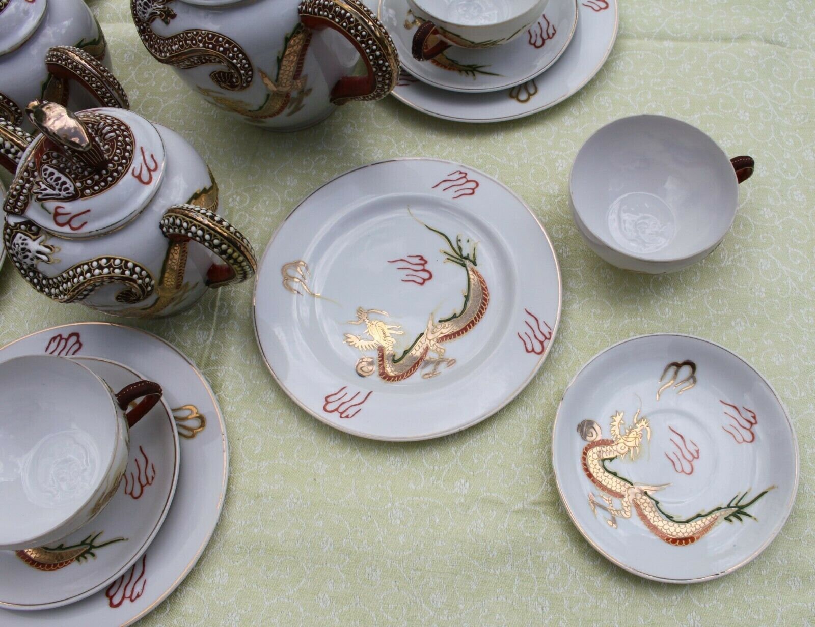 Complete Set Antique / Vintage Japan Fine China Kutani 21 Piece Dragonware Geisha Girl Porcelain