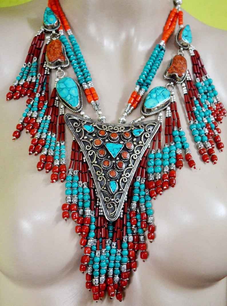 Ethnic Regional jewelry Tibetan silver Necklace Vintage Turquoise and coral beads Handmade FREE SHIPPING PLL