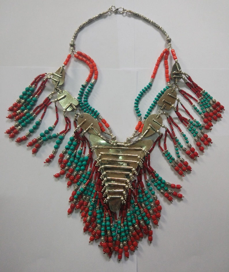 Ethnic Regional jewelry Tibetan silver Necklace Vintage Turquoise and coral beads Handmade FREE SHIPPING PLL