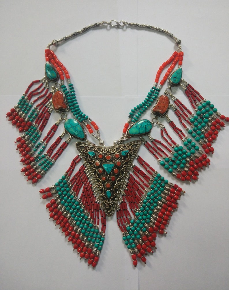 Ethnic Regional jewelry Tibetan silver Necklace Vintage Turquoise and coral beads Handmade FREE SHIPPING PLL