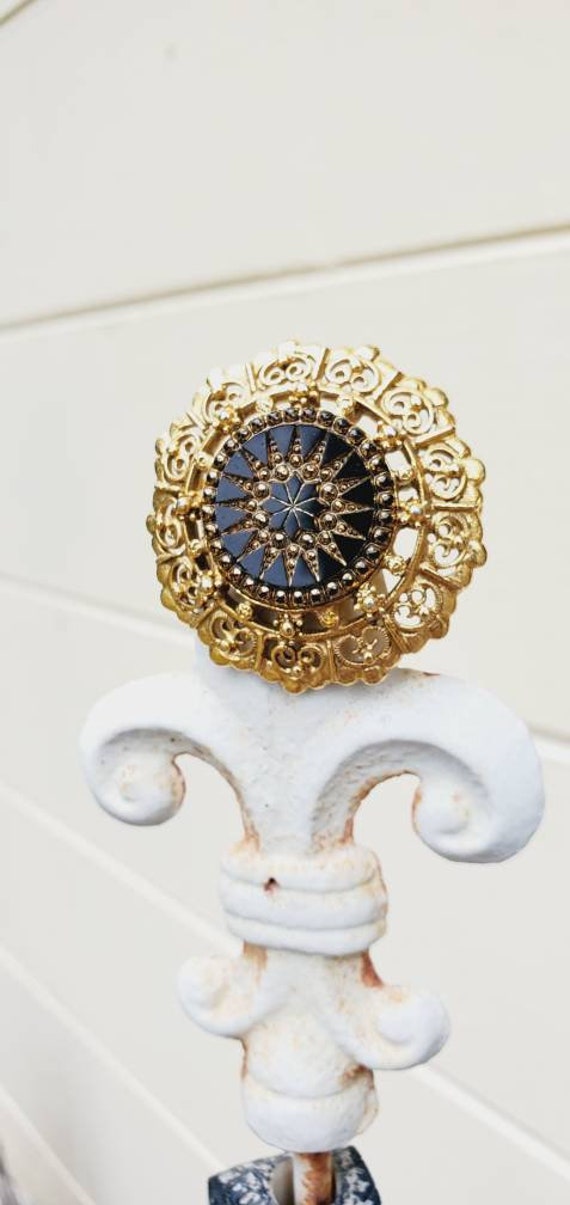 Golden Feligree Round Pin Brooch, Black Star Cent… - image 2