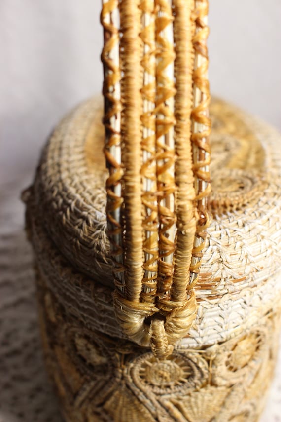 Antique Crocheted Raffia Stiff Box Handbag, Twisted N… Gem