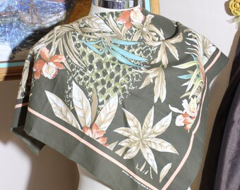 Olive Cotton and Polyester Shawl, Vintage Shawl made in USA, Tropical Plants Print, Earth Tone Colors,Nneckerchief